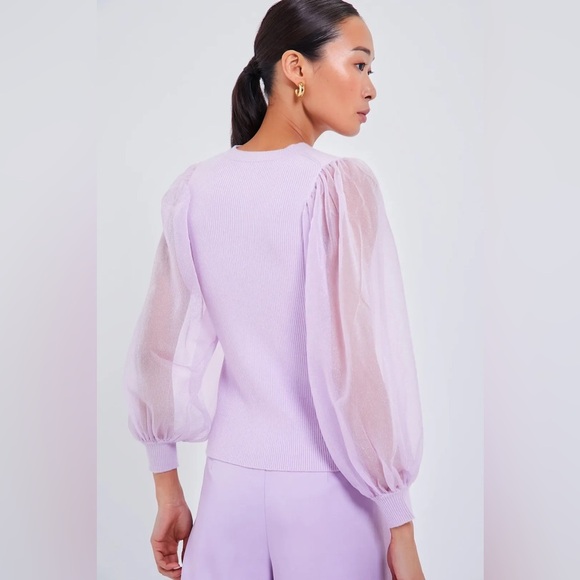 Tuckernuck Lilac Knit Betsy Blouse Size S NWT Sheer Puff Sleeve Stretchy Ribbed - Picture 3 of 11